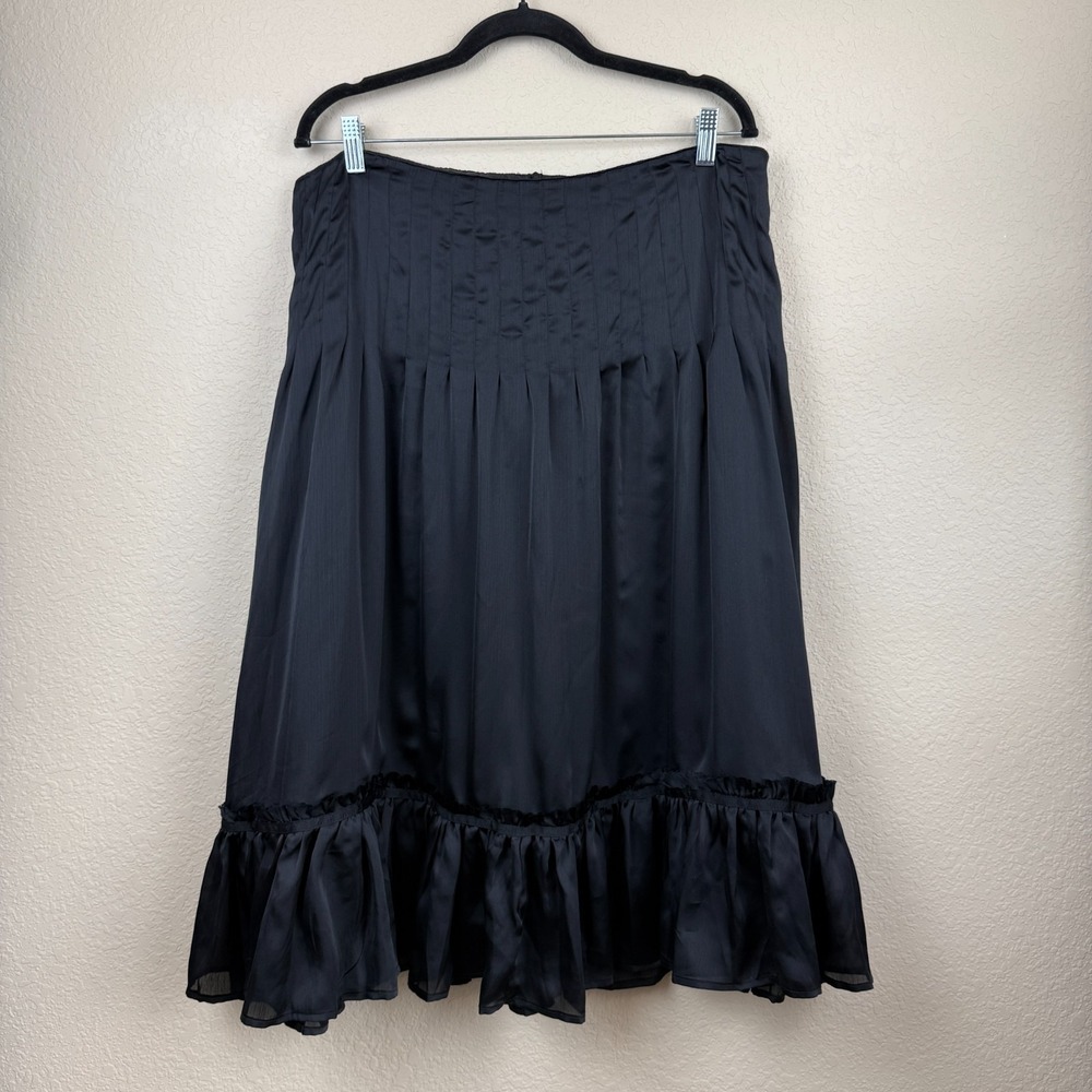 Mossimo Black Satin Midi Pintuck Skirt Pleated Ruffle Hem Romantic Goth Sz 14
